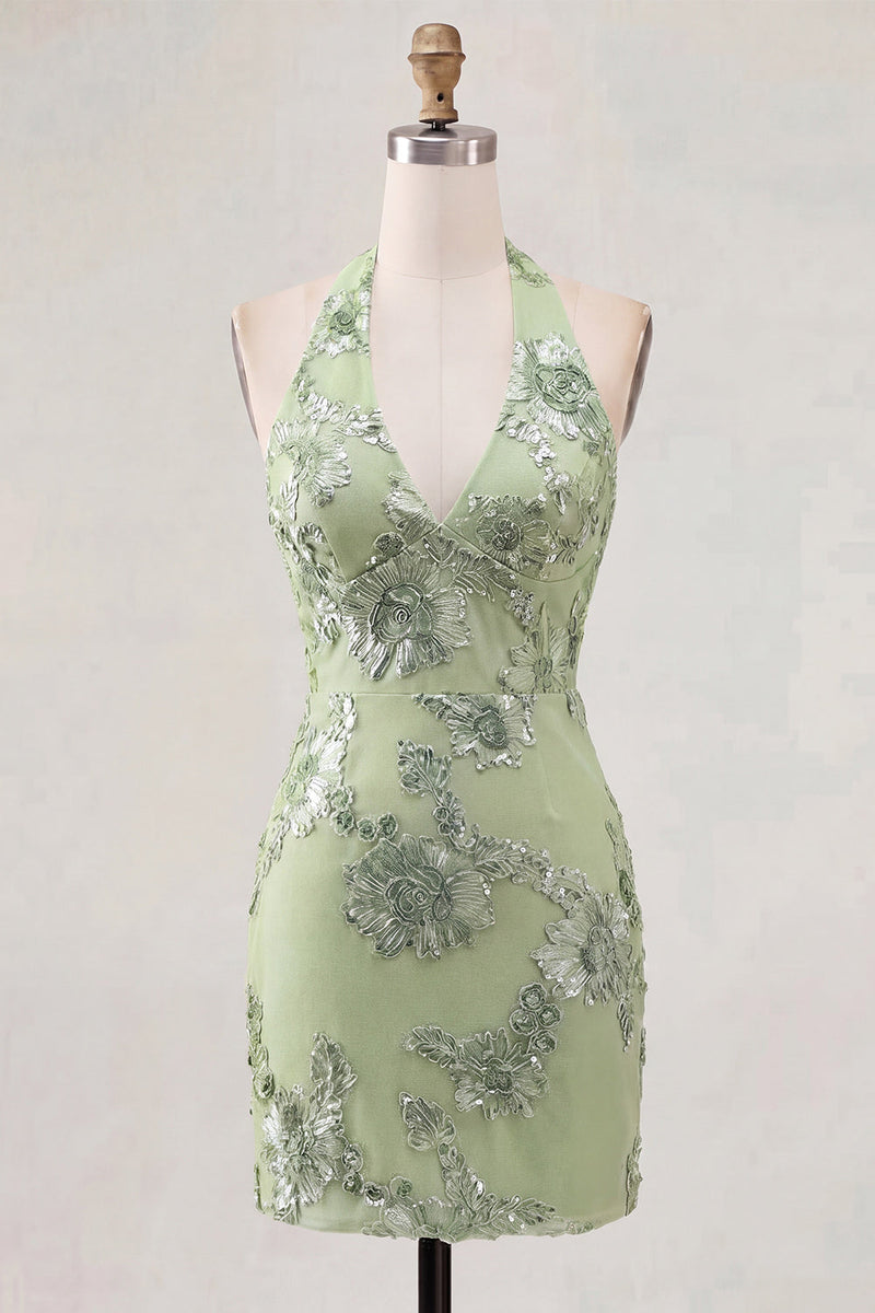 Load image into Gallery viewer, Light Blue Halter Floral Tight Backless Short Prom Dress