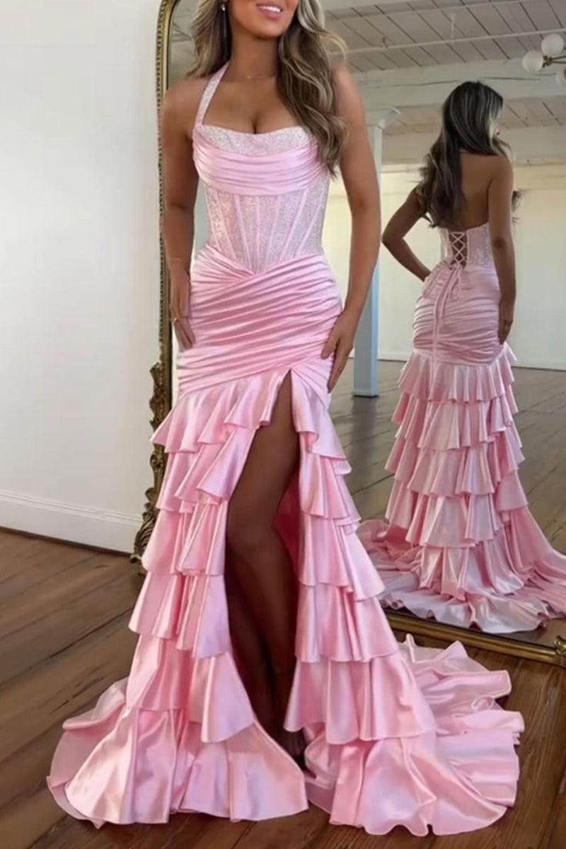 Load image into Gallery viewer, Sparkly Peacock Green Mermaid Sequin Long Corset Prom Dress with Ruffles