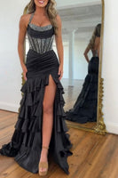 Load image into Gallery viewer, Sparkly Peacock Green Mermaid Sequin Long Corset Prom Dress with Ruffles