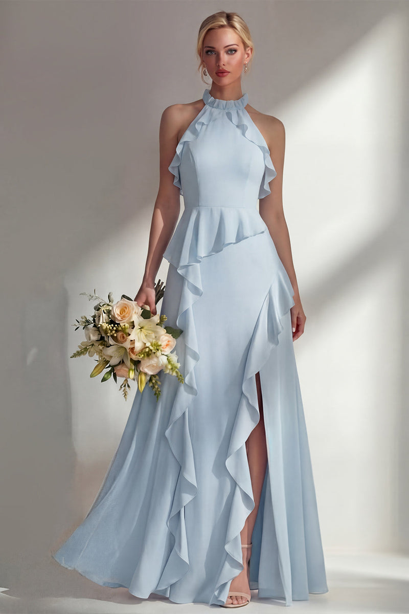 Load image into Gallery viewer, A Line High Neck Butter Yellow Ruffled Long Beach Wedding Guest Dress with Slit