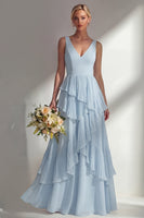 Load image into Gallery viewer, V-Neck Lilac A Line Long Beach Wedding Guest Dress with Ruffles
