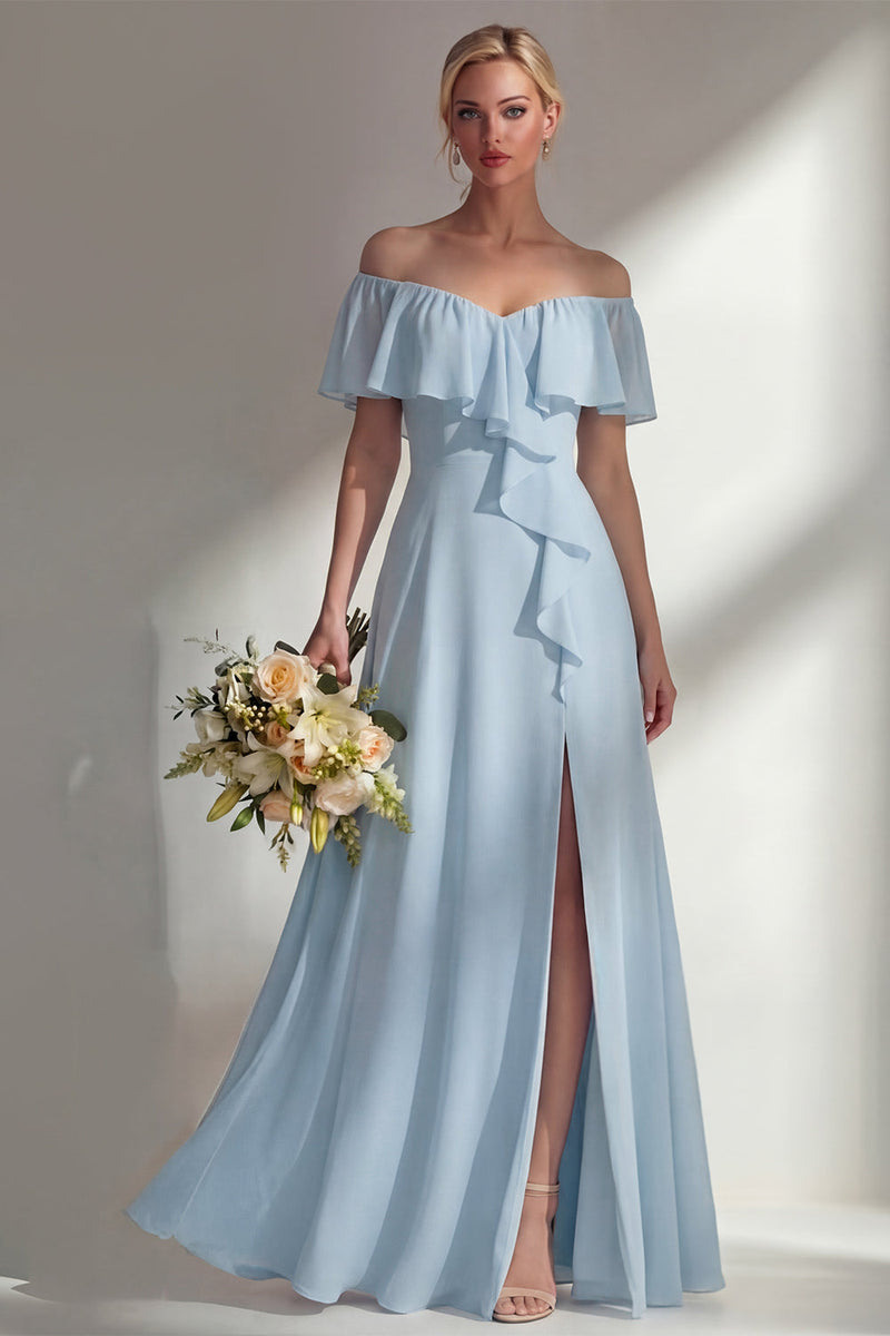 Load image into Gallery viewer, Off the Shoulder Ruffled A Line Burgundy Long Beach Wedding Guest Dress with Slit