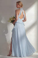 Load image into Gallery viewer, A Line High Neck Butter Yellow Ruffled Long Beach Wedding Guest Dress with Slit