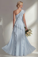 Load image into Gallery viewer, Mint One shoulder Ruffled A Line Long Beach Wedding Guest Dress with Slit