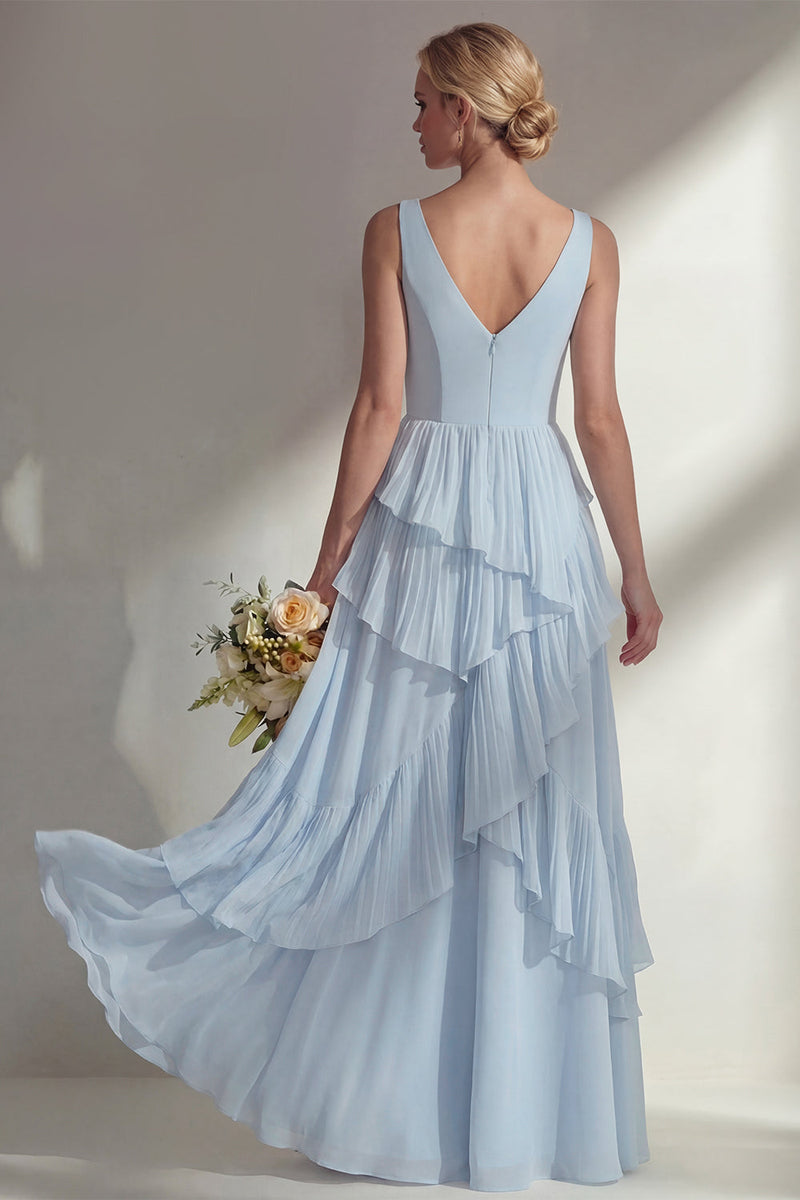 Load image into Gallery viewer, V-Neck Lilac A Line Long Beach Wedding Guest Dress with Ruffles