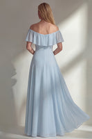 Load image into Gallery viewer, Off the Shoulder Ruffled A Line Burgundy Long Beach Wedding Guest Dress with Slit
