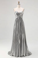 Load image into Gallery viewer, Gold Pleated Metallic Strapless A Line Long Prom Dress