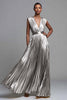 Load image into Gallery viewer, Sparkly Gold Metallic Deep V-Neck A-Line Pleated Long Formal Dress