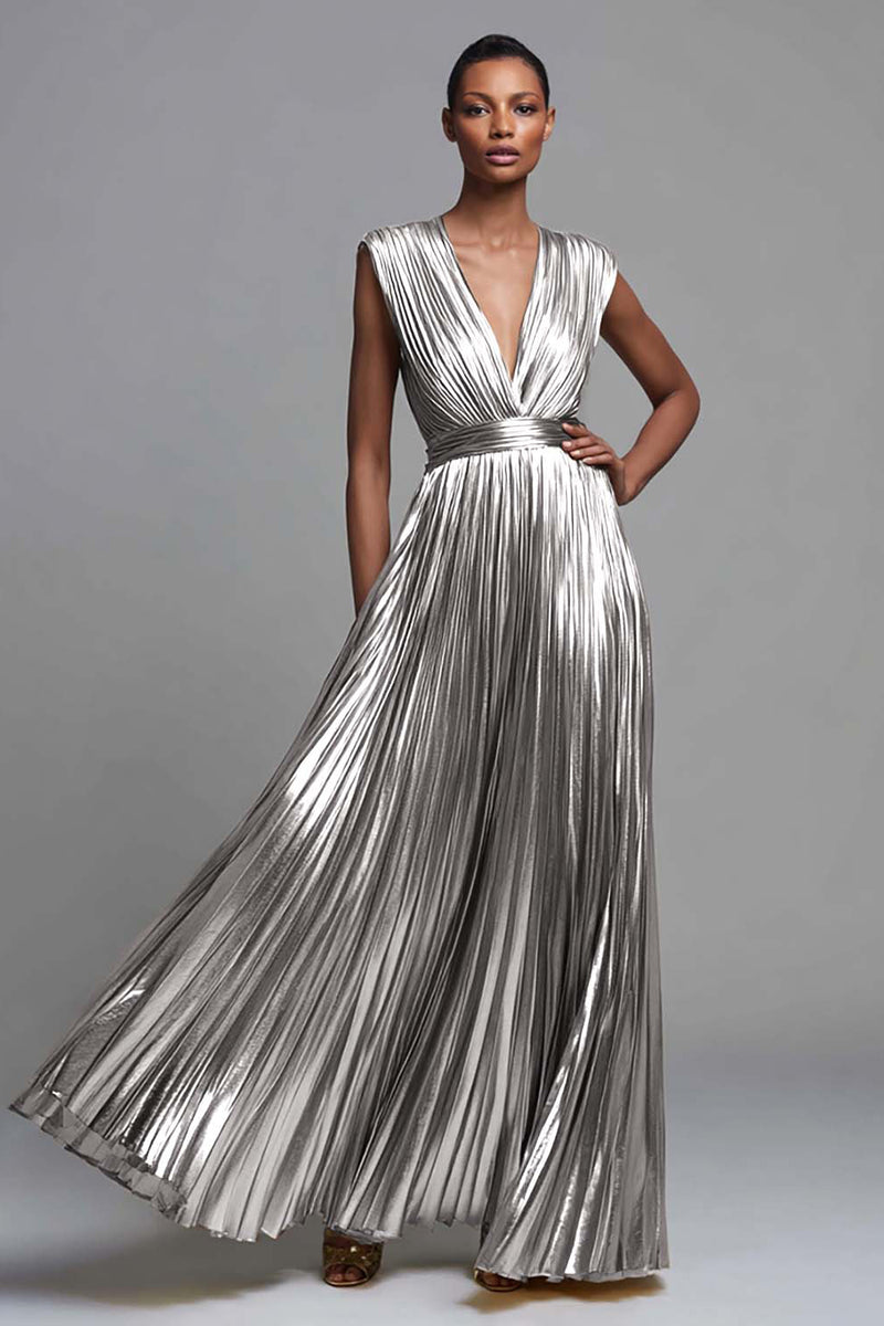 Load image into Gallery viewer, Sparkly Gold Metallic Deep V-Neck A-Line Pleated Long Formal Dress