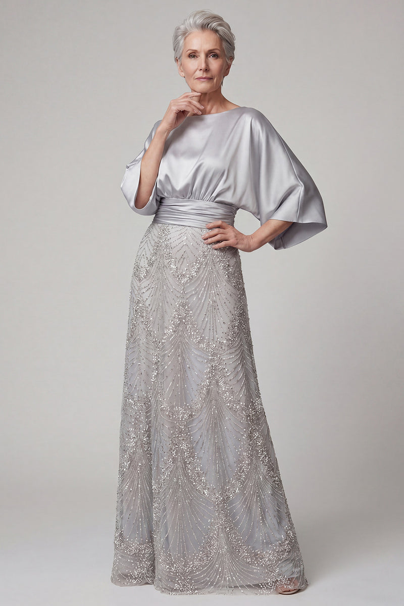 Load image into Gallery viewer, Boat Neck A Line Sparkly Beaded Champagne Long Mother of the Bride Dress