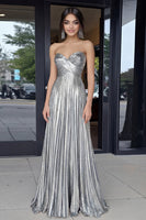 Load image into Gallery viewer, Metallic A Line Gold Plus Size Strapless Maxi Prom Dress