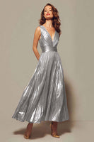 Load image into Gallery viewer, Sparkly Gold Metallic V-Neck A-Line Pleated Long Formal Dress