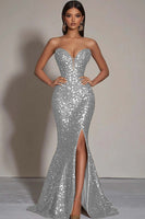 Load image into Gallery viewer, Women Sparkly Sliver Sequins Formal Dress with Slit Strapless Mermaid Sweetheart Long Party Dress