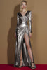 Load image into Gallery viewer, Metallic Golden V-Neck Glitter Long Sleeves Gala Dress with Slit