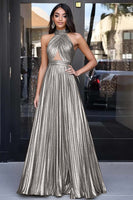 Load image into Gallery viewer, Metallic Gold Halter Keyhole A Line Long Prom Dress