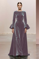 Load image into Gallery viewer, Dark Green Round Neck A Line Velvet Long Formal Dress with Sleeves