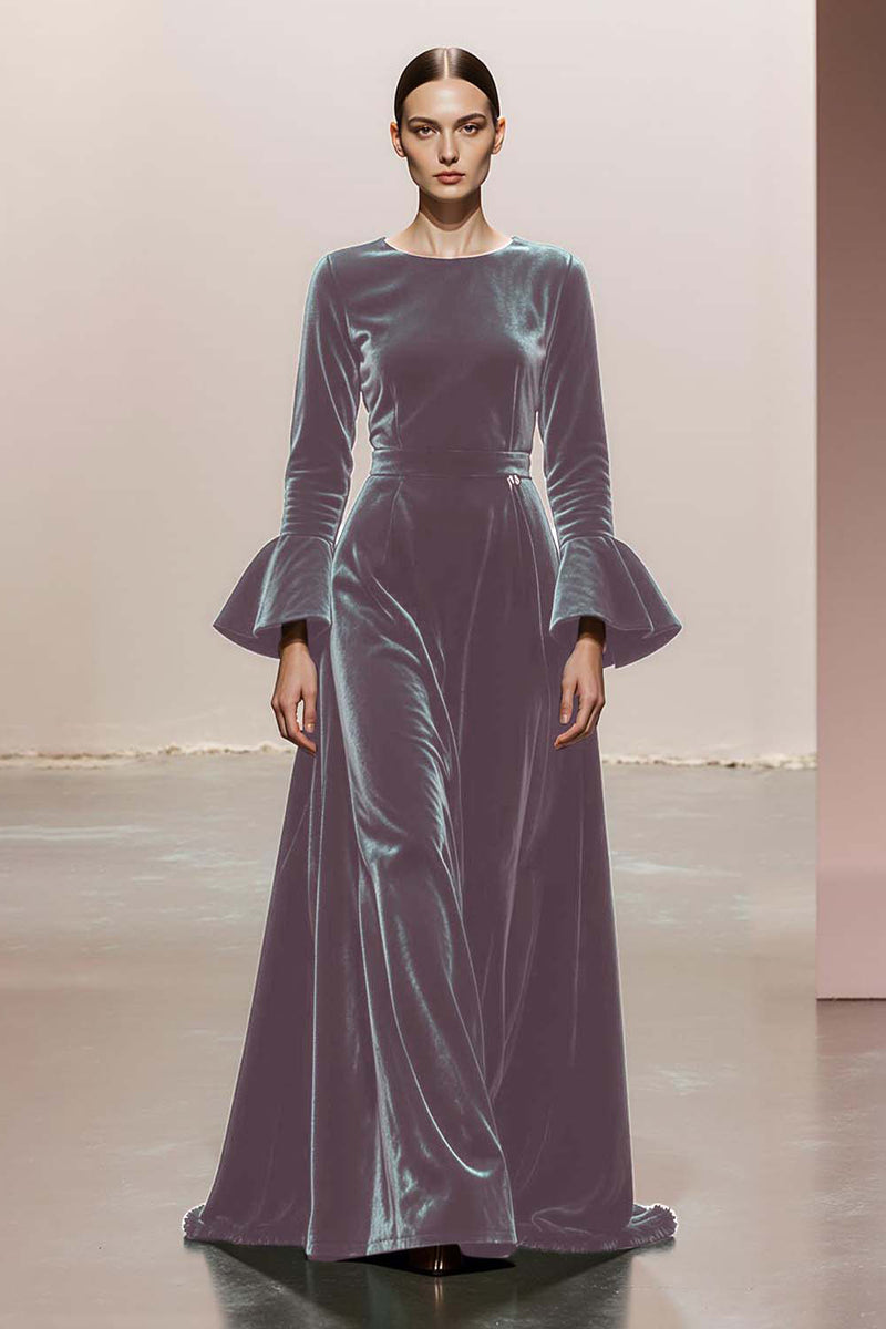 Load image into Gallery viewer, Dark Green Round Neck A Line Velvet Long Formal Dress with Sleeves