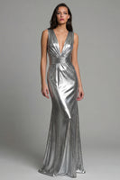 Load image into Gallery viewer, Sparkly Gold Metallic Deep V-Neck Long Formal Dress