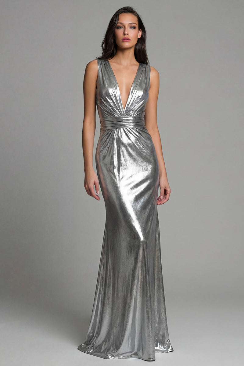 Load image into Gallery viewer, Sparkly Gold Metallic Deep V-Neck Long Formal Dress