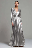 Load image into Gallery viewer, Sparkly Gold Metallic V-Neck Pleated A-Line Long Sleeves Formal Dress