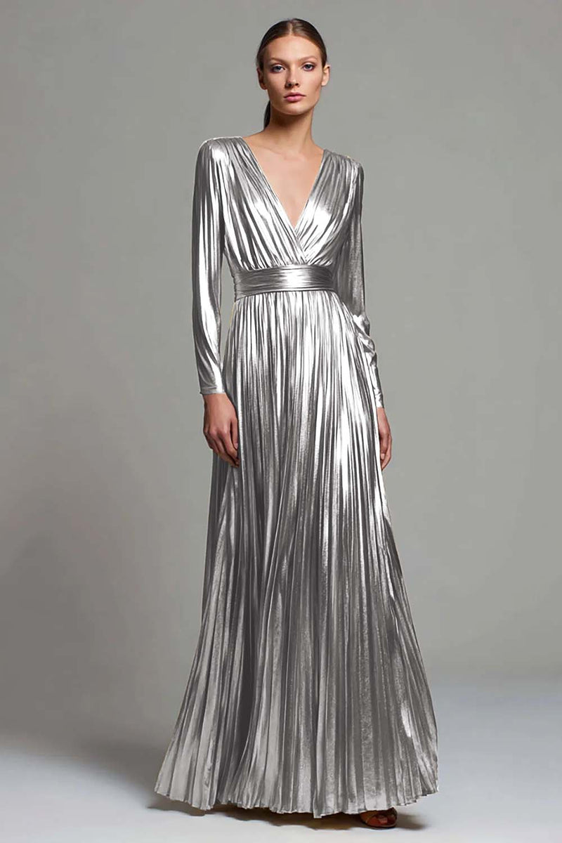 Load image into Gallery viewer, Sparkly Gold Metallic V-Neck Pleated A-Line Long Sleeves Formal Dress