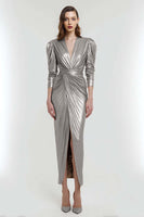 Load image into Gallery viewer, Light Gold Metallic V-Neck Sheath Long Formal Dress with Sleeves