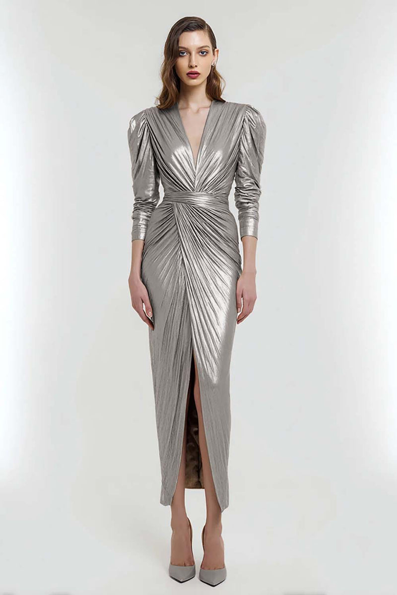 Load image into Gallery viewer, Light Gold Metallic V-Neck Sheath Long Formal Dress with Sleeves