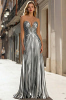 Load image into Gallery viewer, Sparkly Gold Pleated Strapless Metallic Long Prom Dress
