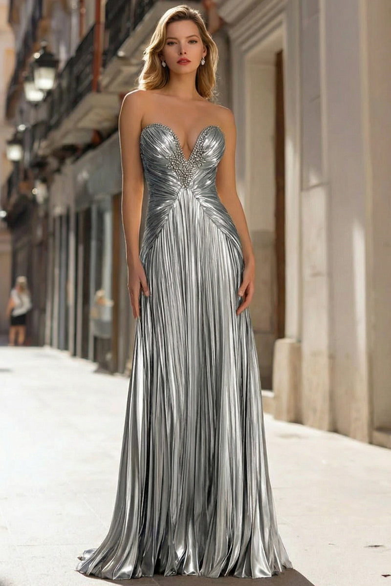 Load image into Gallery viewer, Sparkly Gold Pleated Strapless Metallic Long Prom Dress
