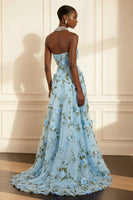 Load image into Gallery viewer, Purple A Line Strapless Floral Corset Long Prom Dress