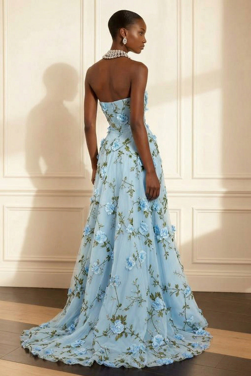 Load image into Gallery viewer, Purple A Line Strapless Floral Corset Long Prom Dress