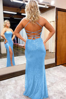 Load image into Gallery viewer, Sequins Spaghetti Straps Sheath Golden Prom Dress with Slit