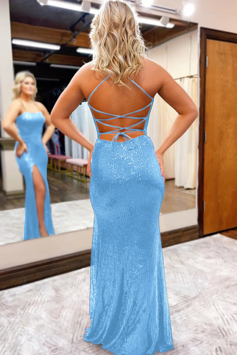 Load image into Gallery viewer, Sequins Spaghetti Straps Sheath Golden Prom Dress with Slit