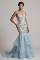 Load image into Gallery viewer, Floral Mermaid Blush Long Mother of the Bride Dress with Ruffles