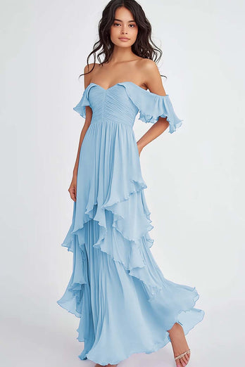 Dusty Blue Ruffled Off the Shoulder Long Formal Dress