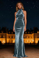 Load image into Gallery viewer, Purple Halter Neck Mermaid Long Velvet Holiday Party Dress