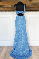 Load image into Gallery viewer, Sheath Spaghetti Straps Sky Blue Sequins Prom Dress with Split Front