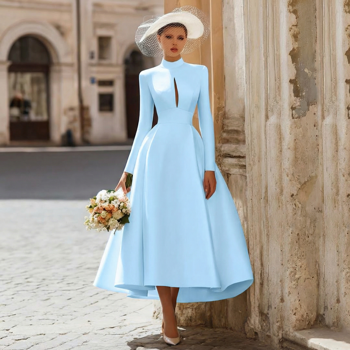 Load image into Gallery viewer, Vintage Ivory High Neck Keyhole A Line Long Wedding Dress with Sleeves