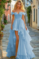 Load image into Gallery viewer, Yellow A Line Tiered Off the Shoulder Long Asymmetrical Prom Dress