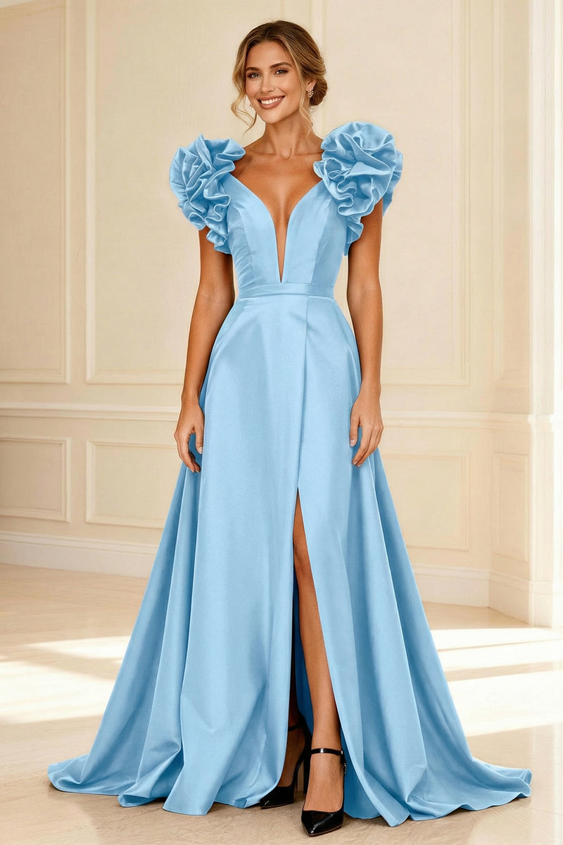 Load image into Gallery viewer, Black V-Neck A-Line Long Mother of the Bride Dress with Ruffles