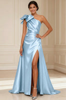 Load image into Gallery viewer, One Shoulder Silver A Line Long Mother of the Bride Dress with Bow