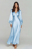 Load image into Gallery viewer, Champagne Satin V-Neck Backless Long Sleeves Evening Dress