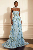 Load image into Gallery viewer, Purple A Line Strapless Floral Corset Long Prom Dress