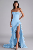 Load image into Gallery viewer, Strapless Black Tiered Long Chiffon Formal Dress with Slit