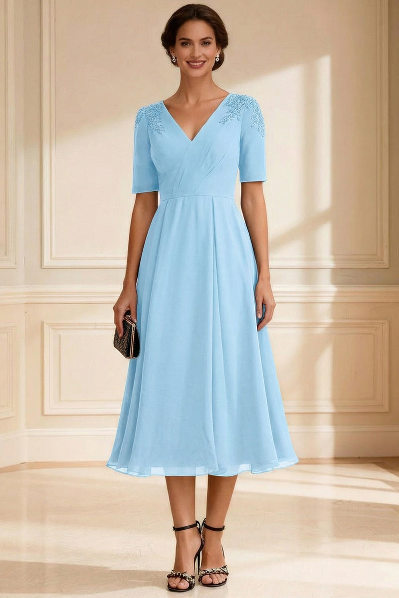 Load image into Gallery viewer, V-Neck Navy A-Line Midi Mother of the Bride Dress