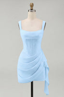 Load image into Gallery viewer, Ivory Thick Straps Corset Ruched Short Graduation Dress with Ruffles