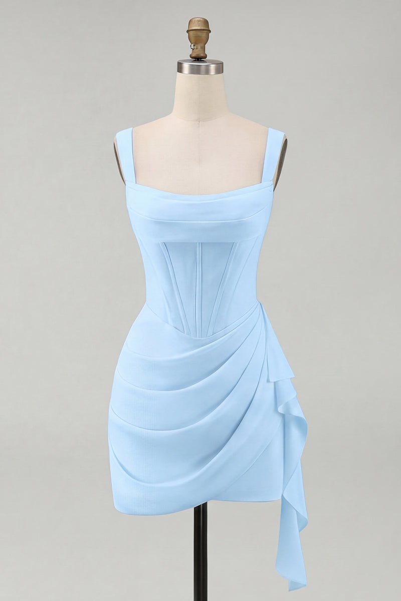 Load image into Gallery viewer, Ivory Thick Straps Corset Ruched Short Graduation Dress with Ruffles