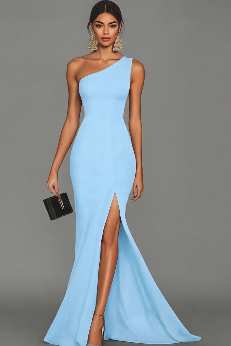 Load image into Gallery viewer, Dark Green Satin One Shoulder Mermaid Long Formal Dress with Slit