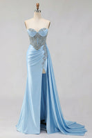 Load image into Gallery viewer, Sparkly Plus Size Mermaid Mint Green Maxi Corset Prom Dress with Slit