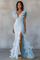Load image into Gallery viewer, Dusty Blue Mermaid Ruffled Chiffon Long Formal Dress with Slit